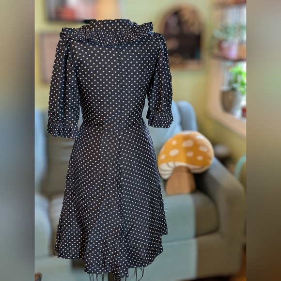 [Handmade - Jane Overland] Vintage Navy Polkadot Midi Dress with Pleats | Medium - Picture 3 of 16